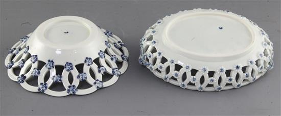 Two Worcester pine cone pattern blue and white baskets, c.1770-5, 21cm and 19.5cm